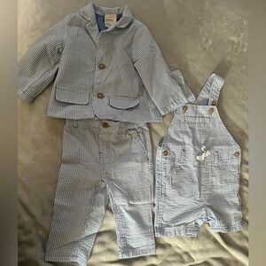 Beautiful baby blue seersucker suit and overalls.